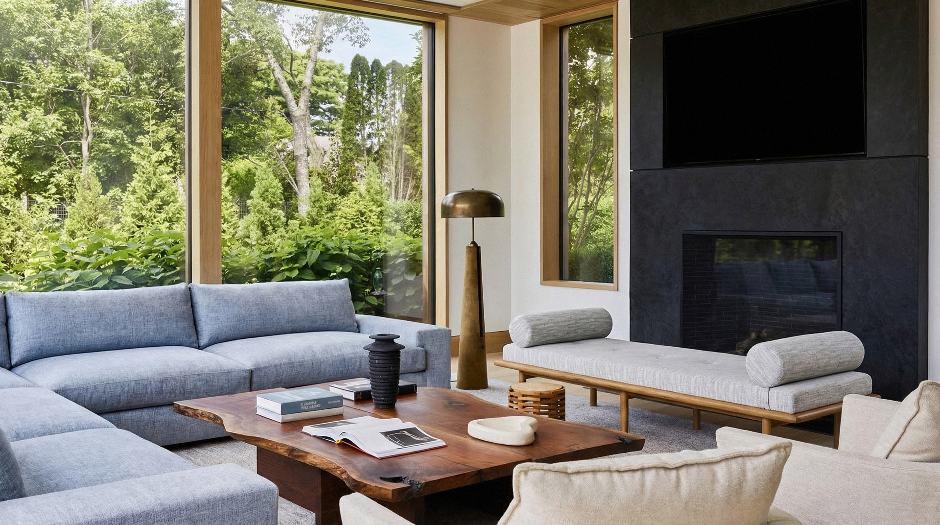 Elegant Hamptons living room with fireplace and garden views